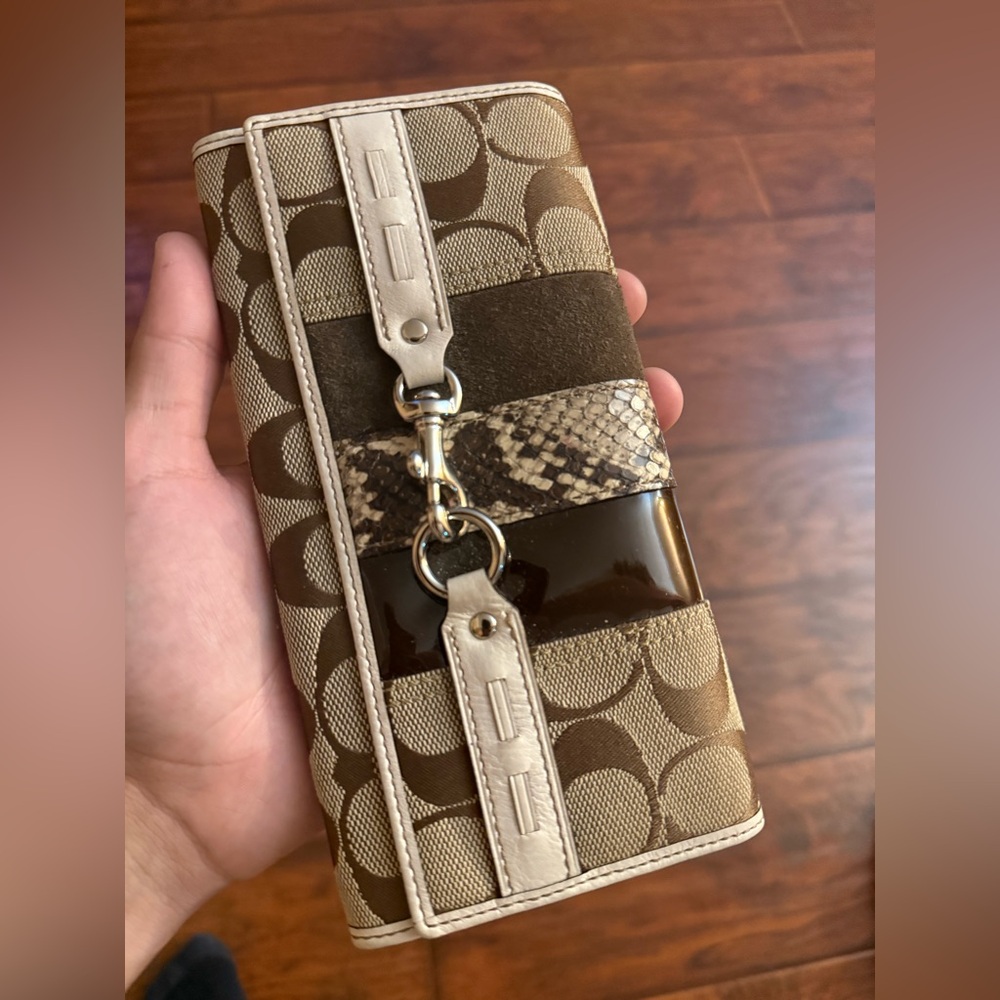 Coach Brown and Beige Signature Wallet With Snakeskin Detail